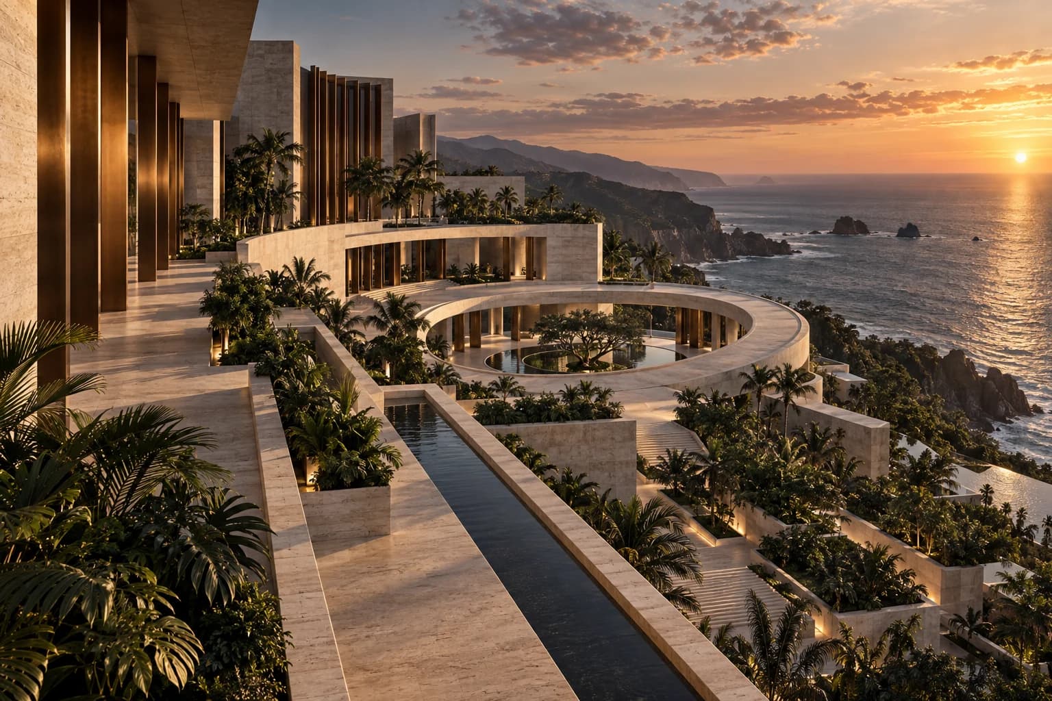 Conceptual coastal architecture overlooking the Pacific, expressing a long-term vision for the built environment.