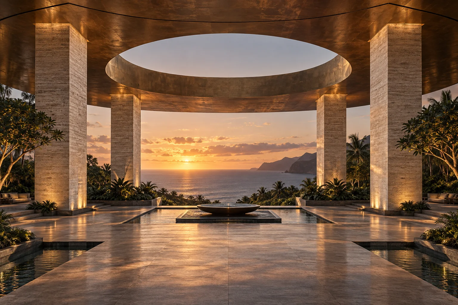 Existing Leota brand concept artwork: a coastal atrium with four columns. This is illustrative artwork, not a completed construction project.